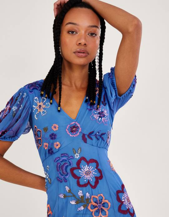 Monsoon نحيف فستان آني متوسط ​​الطول مطرز من البوليستر المعاد تدويره D68H358 ملابس أزرق