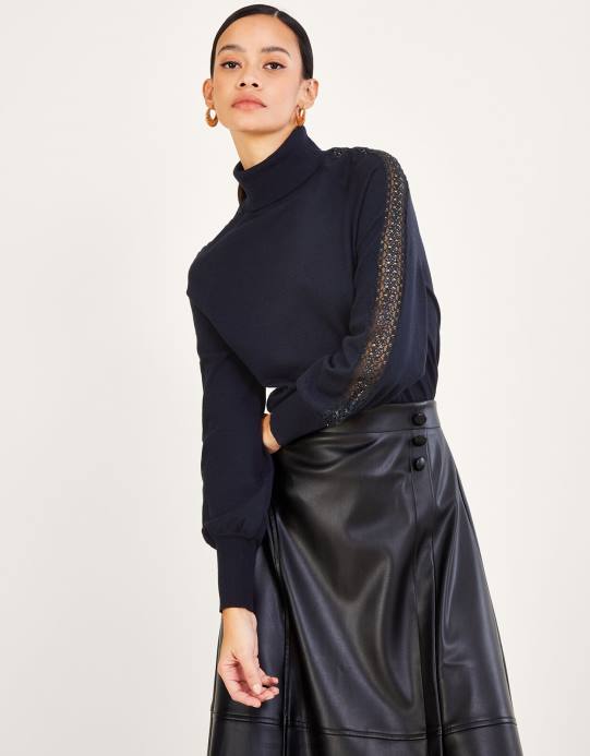 Monsoon نحيف كنزة بولو بحشوة من الدانتيل مع بوليستر معاد تدويره D68H367 ملابس الأزرق الداكن)