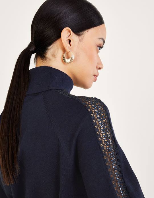 Monsoon نحيف كنزة بولو بحشوة من الدانتيل مع بوليستر معاد تدويره D68H367 ملابس الأزرق الداكن)