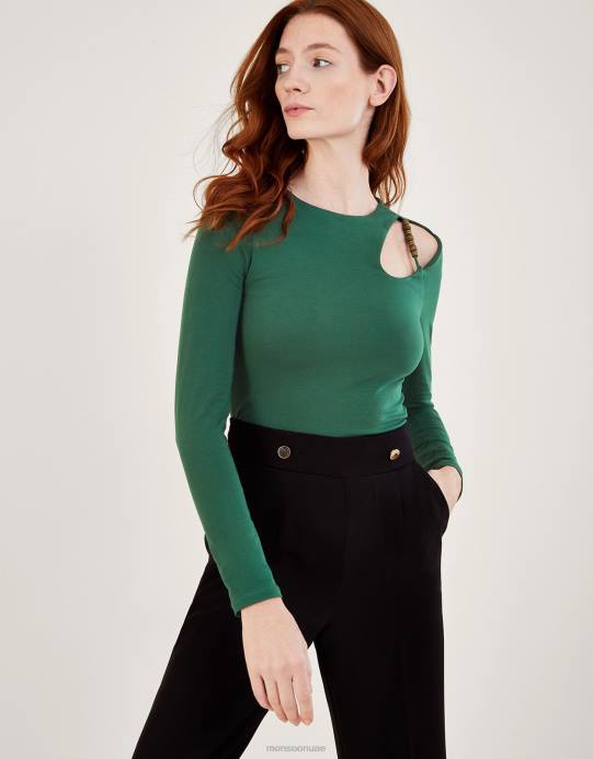 Monsoon نحيف بلوزة جيرسيه مزينة بالخرز D68H370 ملابس الأخضر (الكاكي)