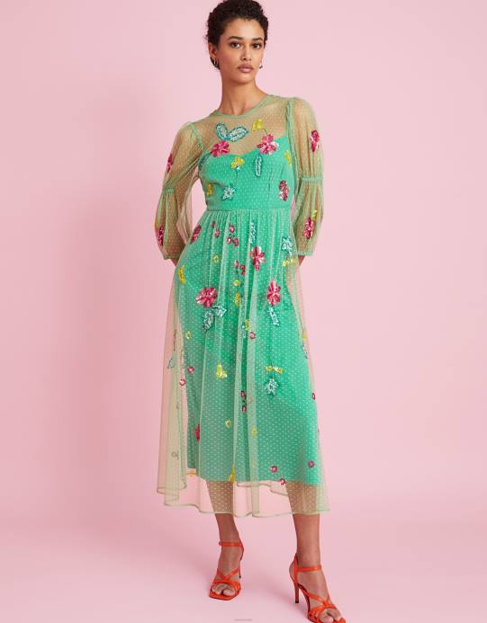 Monsoon نحيف فستان ميدي مزين روزا D68H373 ملابس أخضر