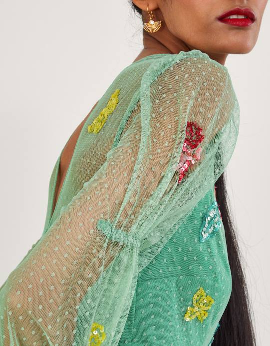 Monsoon نحيف فستان ميدي مزين روزا D68H373 ملابس أخضر