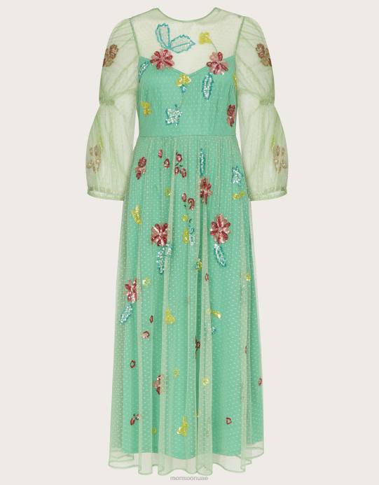 Monsoon نحيف فستان ميدي مزين روزا D68H373 ملابس أخضر