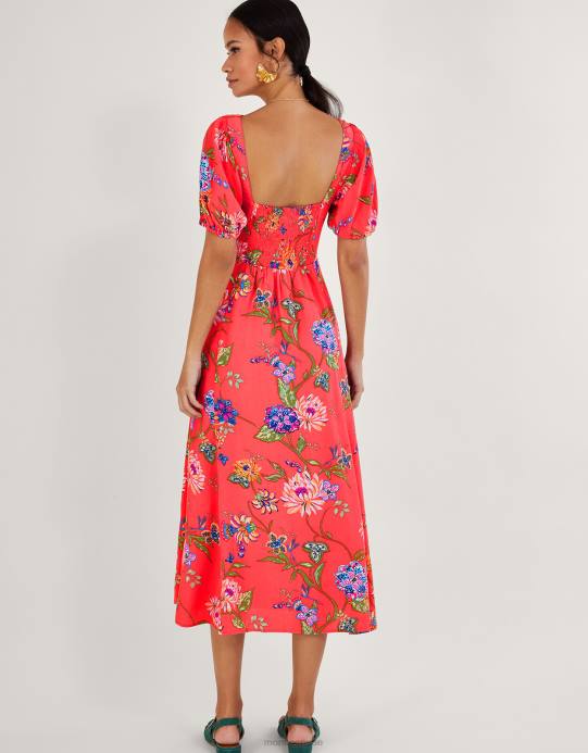 Monsoon نحيف فستان الشاي بطبعات الأزهار من ريجينا مع الفيسكوز المستدام D68H377 ملابس برتقالي (مرجاني)