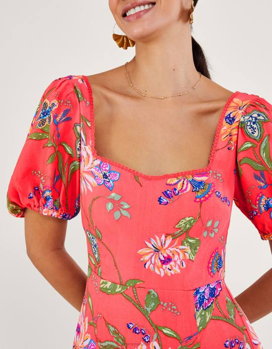 Monsoon نحيف فستان الشاي بطبعات الأزهار من ريجينا مع الفيسكوز المستدام D68H377 ملابس برتقالي (مرجاني)