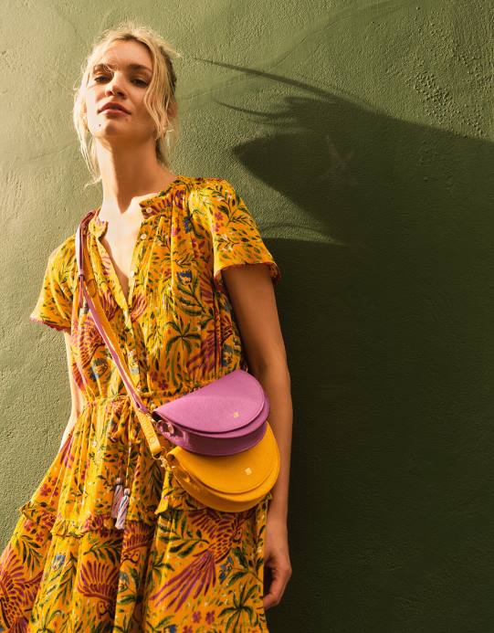 Monsoon نحيف فستان بطبعات الأزهار والنخيل في لينزينغ إيكوفيرو D68H379 ملابس أصفر