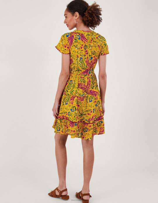 Monsoon نحيف فستان بطبعات الأزهار والنخيل في لينزينغ إيكوفيرو D68H379 ملابس أصفر