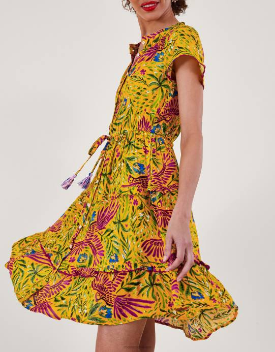 Monsoon نحيف فستان بطبعات الأزهار والنخيل في لينزينغ إيكوفيرو D68H379 ملابس أصفر