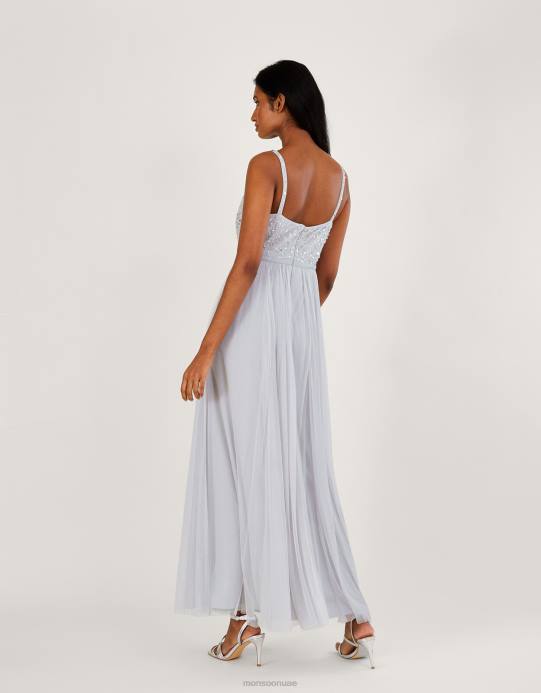 Monsoon نحيف فستان خريفي طويل مزين بالبوليستر المُعاد تدويره D68H383 ملابس فضة