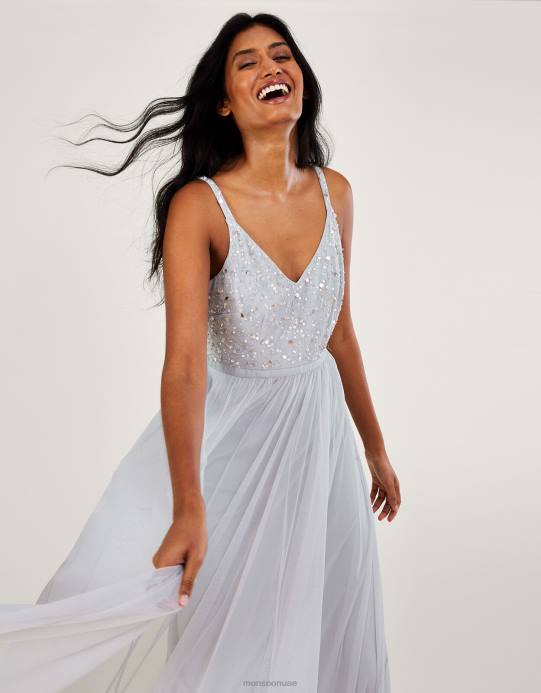 Monsoon نحيف فستان خريفي طويل مزين بالبوليستر المُعاد تدويره D68H383 ملابس فضة