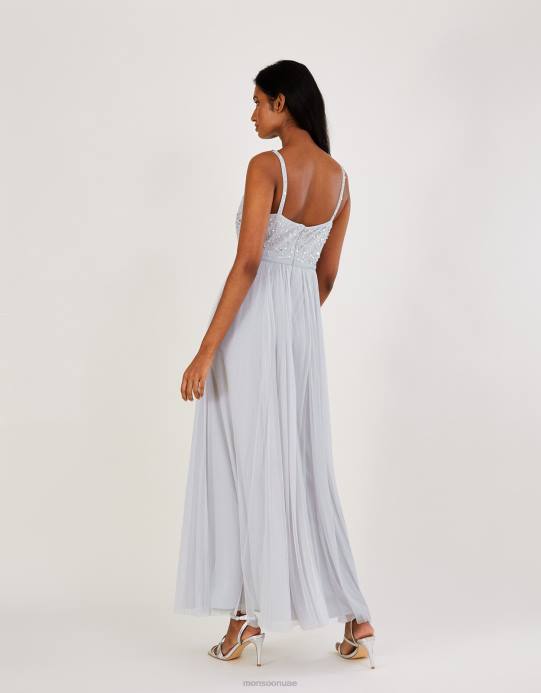 Monsoon نحيف فستان خريفي طويل مزين بالبوليستر المُعاد تدويره D68H383 ملابس فضة