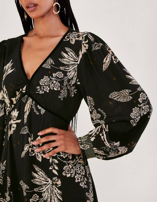 Monsoon نحيف فستان أنيت ميدي الأزهار D68H3 ملابس أسود