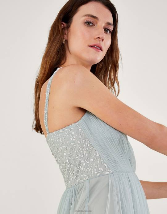 Monsoon نحيف فستان آني طويل منسوج من البوليستر المعاد تدويره D68H408 ملابس أخضر