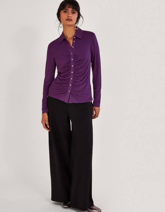 Monsoon نحيف قميص جيرسي مكشكش D68H40 ملابس أرجواني