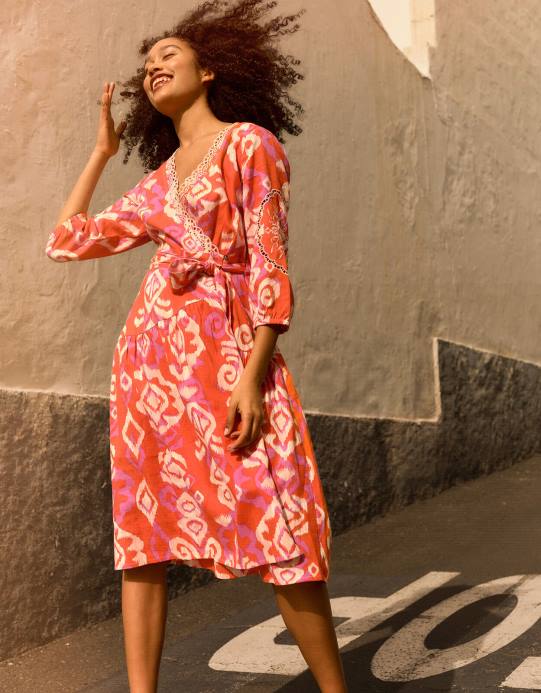 Monsoon نحيف فستان أسبن ملفوف من مزيج الكتان D68H416 ملابس البرتقالي