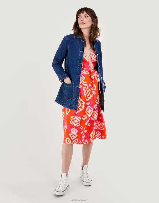 Monsoon نحيف فستان أسبن ملفوف من مزيج الكتان D68H416 ملابس البرتقالي