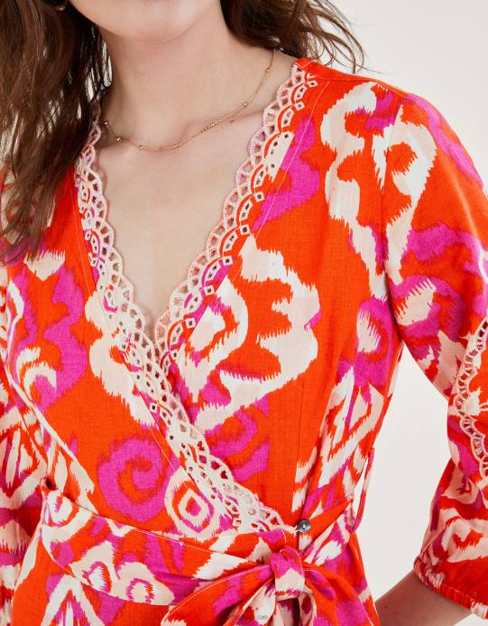 Monsoon نحيف فستان أسبن ملفوف من مزيج الكتان D68H416 ملابس البرتقالي