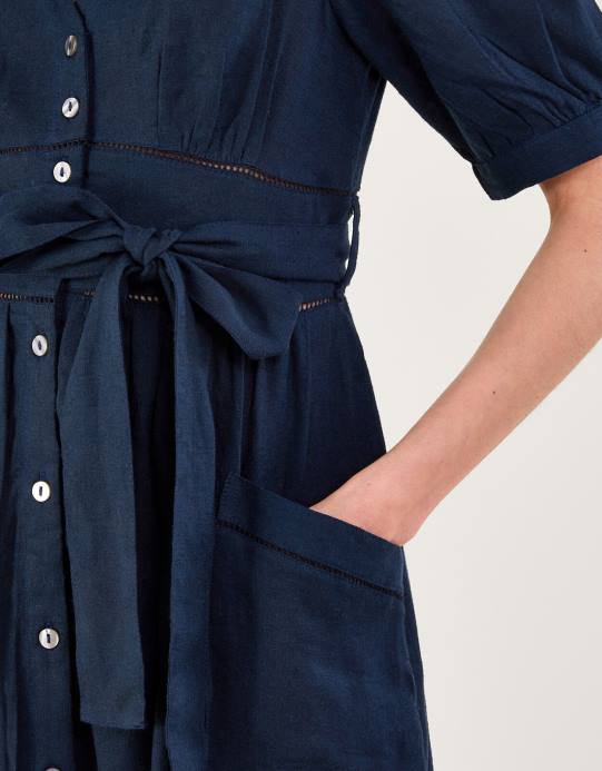 Monsoon نحيف فستان بطبقات وتفاصيل قطع من مزيج الكتان D68H420 ملابس الأزرق الداكن)