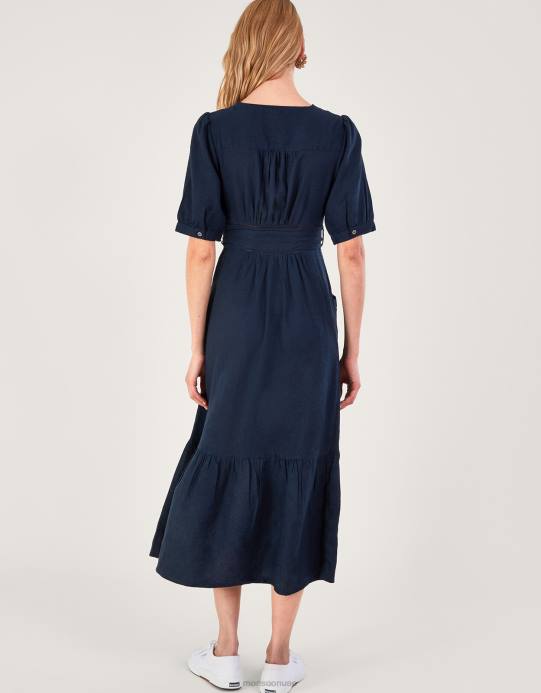 Monsoon نحيف فستان بطبقات وتفاصيل قطع من مزيج الكتان D68H420 ملابس الأزرق الداكن)