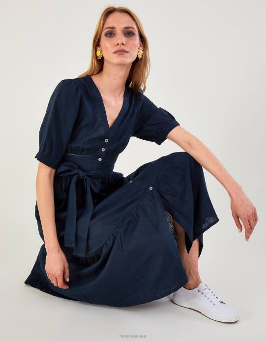 Monsoon نحيف فستان بطبقات وتفاصيل قطع من مزيج الكتان D68H420 ملابس الأزرق الداكن)