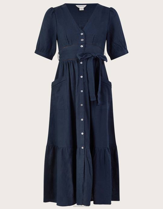 Monsoon نحيف فستان بطبقات وتفاصيل قطع من مزيج الكتان D68H420 ملابس الأزرق الداكن)