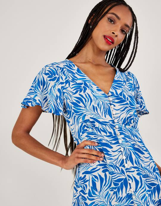 Monsoon نحيف فستان شاي بطباعة أوراق فلورنسا من الفيسكوز المستدام D68H424 ملابس أزرق