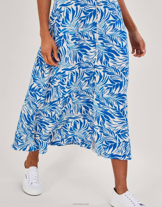 Monsoon نحيف فستان شاي بطباعة أوراق فلورنسا من الفيسكوز المستدام D68H424 ملابس أزرق