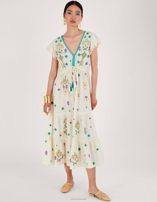 Monsoon نحيف فستان ماكسي مطرز بأكمام رفرفة D68H429 ملابس أبيض