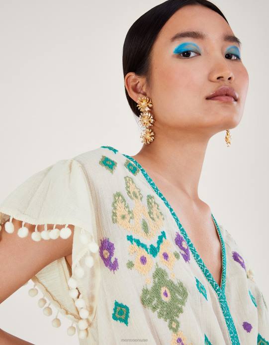 Monsoon نحيف فستان ماكسي مطرز بأكمام رفرفة D68H429 ملابس أبيض