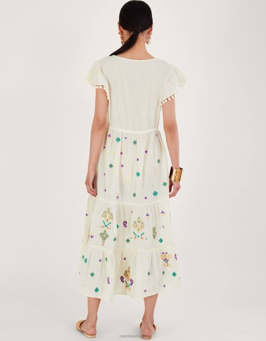 Monsoon نحيف فستان ماكسي مطرز بأكمام رفرفة D68H429 ملابس أبيض