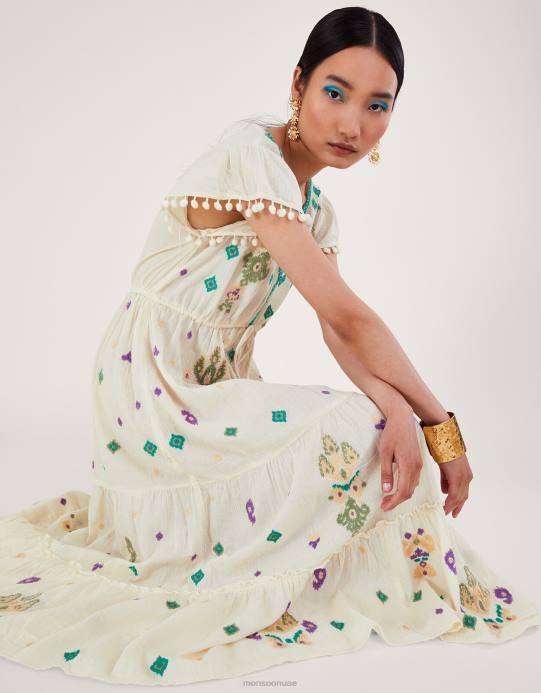 Monsoon نحيف فستان ماكسي مطرز بأكمام رفرفة D68H429 ملابس أبيض