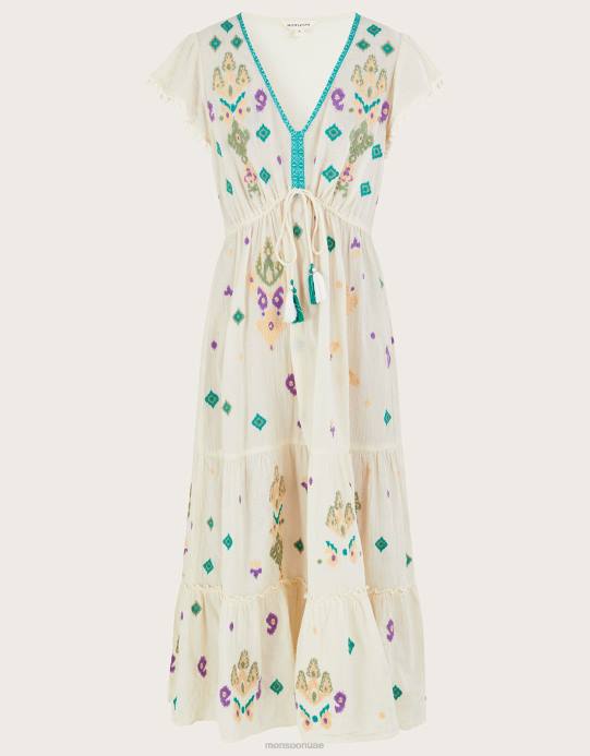 Monsoon نحيف فستان ماكسي مطرز بأكمام رفرفة D68H429 ملابس أبيض