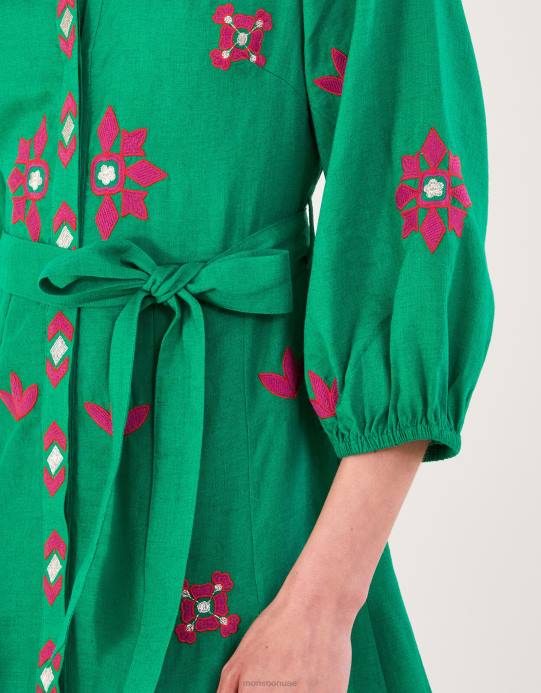 Monsoon نحيف فستان قميص مطرز بمزيج الكتان D68H432 ملابس أخضر
