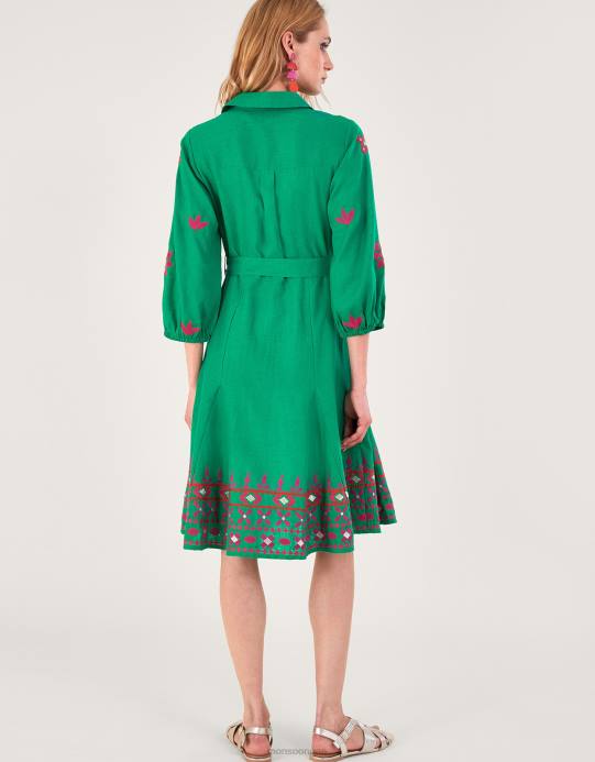 Monsoon نحيف فستان قميص مطرز بمزيج الكتان D68H432 ملابس أخضر