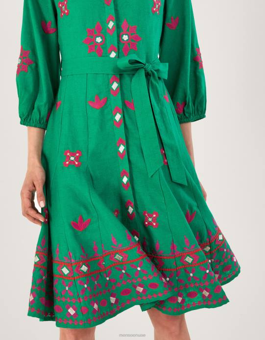 Monsoon نحيف فستان قميص مطرز بمزيج الكتان D68H432 ملابس أخضر