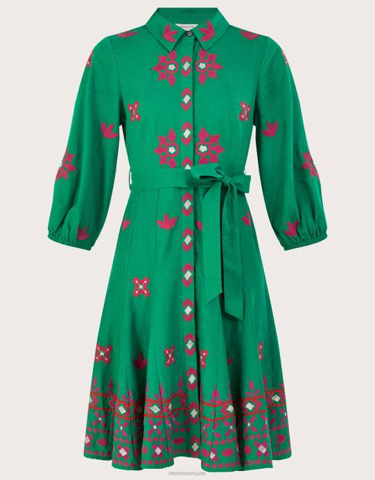 Monsoon نحيف فستان قميص مطرز بمزيج الكتان D68H432 ملابس أخضر