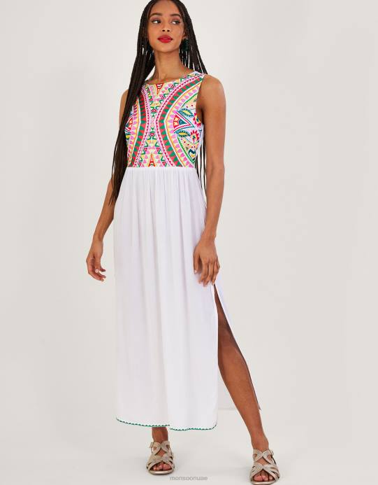 Monsoon نحيف فستان متوسط ​​الطول مطرز بالفسيفساء من لينزينج إيكوفيرو D68H448 ملابس أبيض