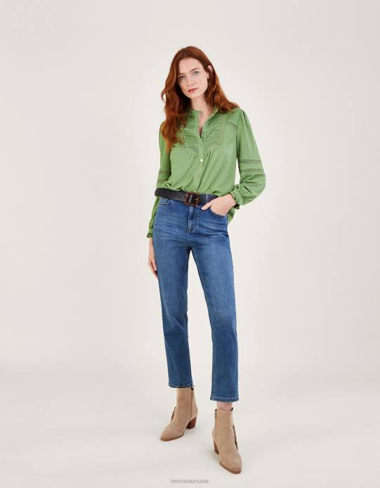 Monsoon نحيف زر إدراج الدانتيل من خلال قميص جيرسي D68H450 ملابس أخضر