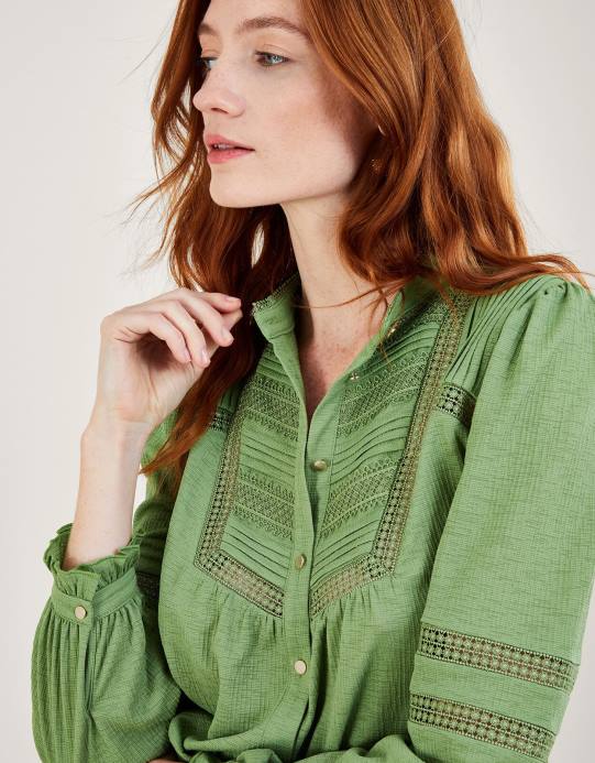 Monsoon نحيف زر إدراج الدانتيل من خلال قميص جيرسي D68H450 ملابس أخضر