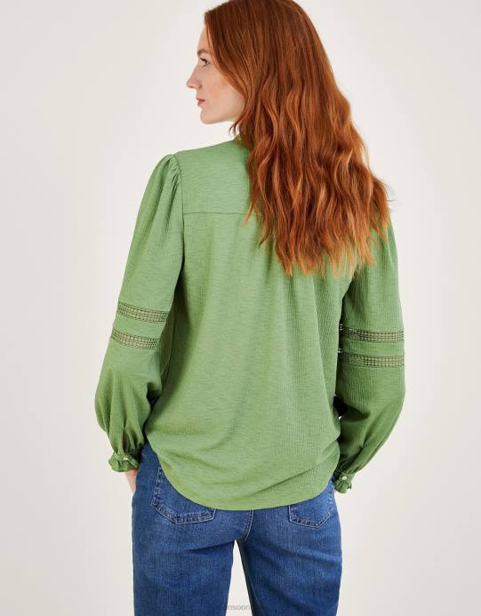 Monsoon نحيف زر إدراج الدانتيل من خلال قميص جيرسي D68H450 ملابس أخضر