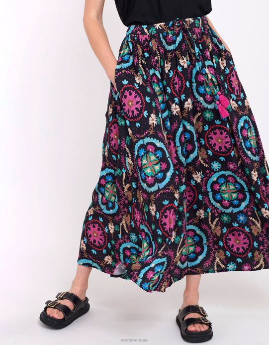 Monsoon نحيف تنورة طباعة شرق بريتي D68H457 ملابس أسود