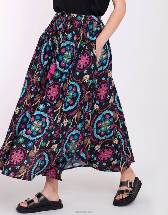 Monsoon نحيف تنورة طباعة شرق بريتي D68H457 ملابس أسود