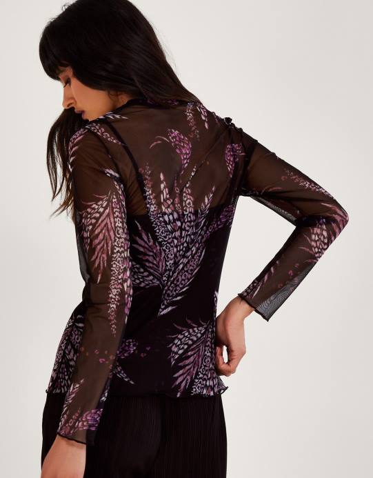 Monsoon نحيف طباعة شبكة أعلى D68H45 ملابس أسود