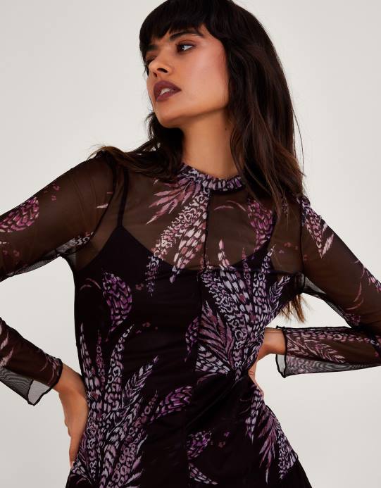 Monsoon نحيف طباعة شبكة أعلى D68H45 ملابس أسود