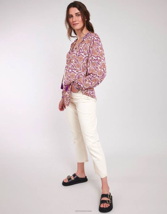 Monsoon نحيف بلوزة من الساتان بطباعة إيست أليكس D68H467 ملابس طبيعي (إكرو)