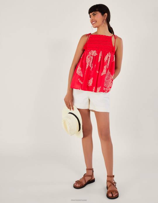 Monsoon نحيف ماهي بلوزة كامي برقبة عالية ورسن D68H46 ملابس أحمر