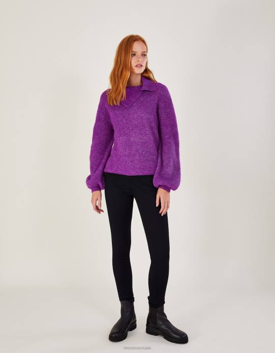 Monsoon نحيف سترة برقبة مضلعة فائقة النعومة مع بوليستر معاد تدويره D68H472 ملابس أرجواني