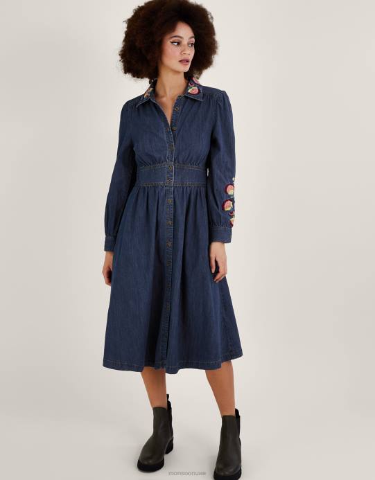 Monsoon نحيف فستان قميص ميدي مطرز من الدنيم D68H475 ملابس الأزرق (الدنيم الأزرق)
