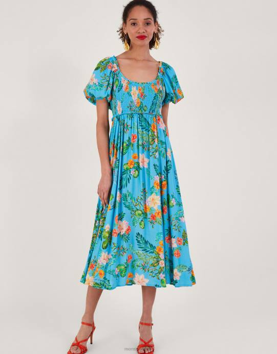 Monsoon نحيف فستان ليميلا مزين بطبعات الأزهار من الفيسكوز المستدام D68H478 ملابس أزرق