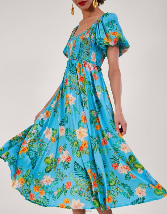 Monsoon نحيف فستان ليميلا مزين بطبعات الأزهار من الفيسكوز المستدام D68H478 ملابس أزرق